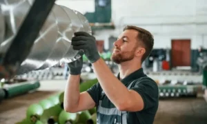 Technician inspecting industrial metal component in factory