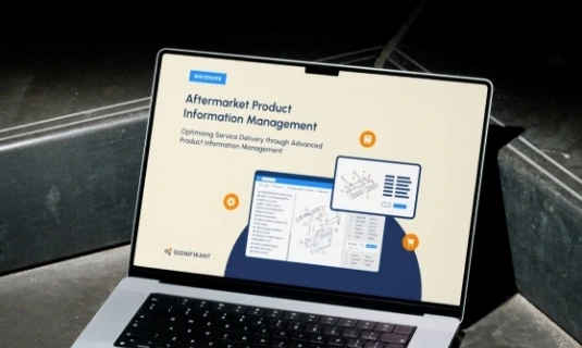 Aftermarket product information management presentation on laptop screen