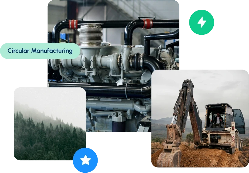 Circular manufacturing concept combining industrial machinery and heavy equipment operations