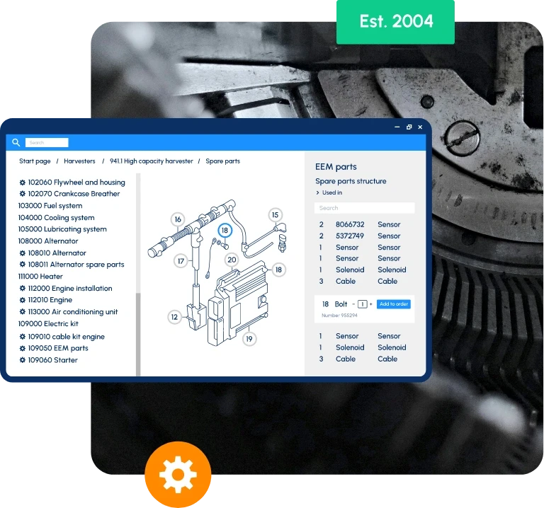 Digital spare parts catalog interface with exploded technical diagram