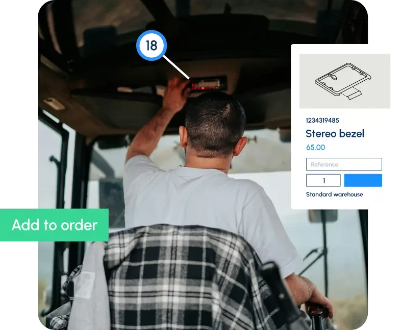 Equipment operator identifying stereo bezel part inside heavy machinery with add to order interface