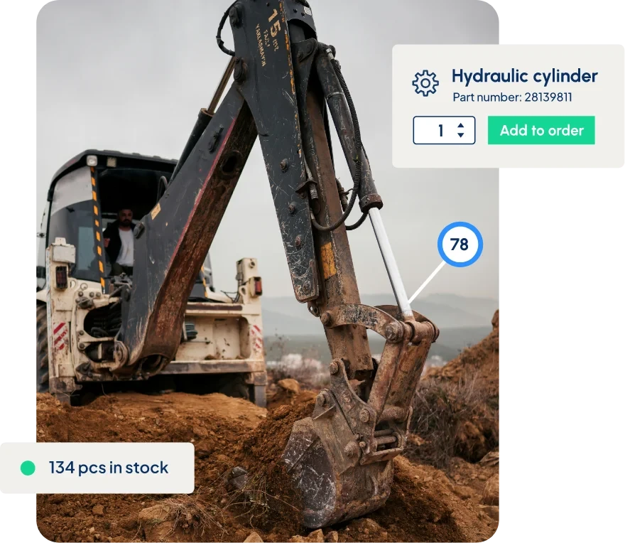 Excavator hydraulic cylinder with part identification and stock availability overlay