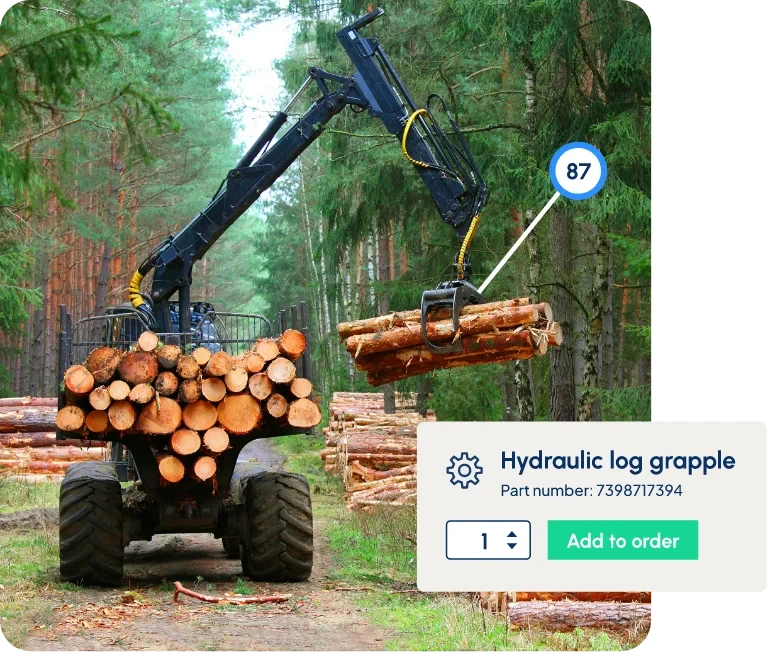Forestry machine with hydraulic log grapple lifting timber logs with part identification overlay