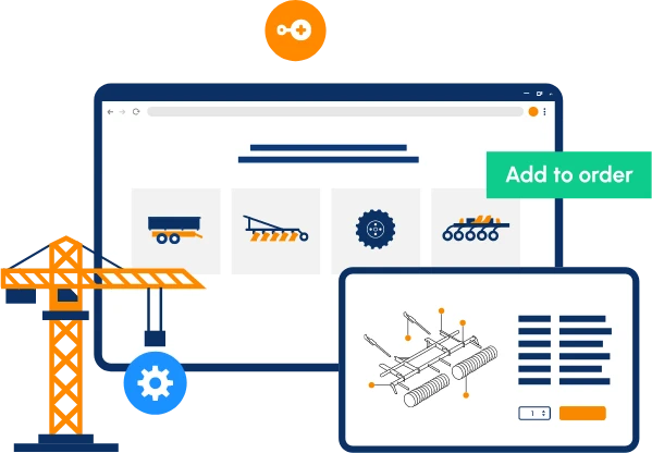 Illustration of an industrial equipment e-commerce website with product listings and add to order button