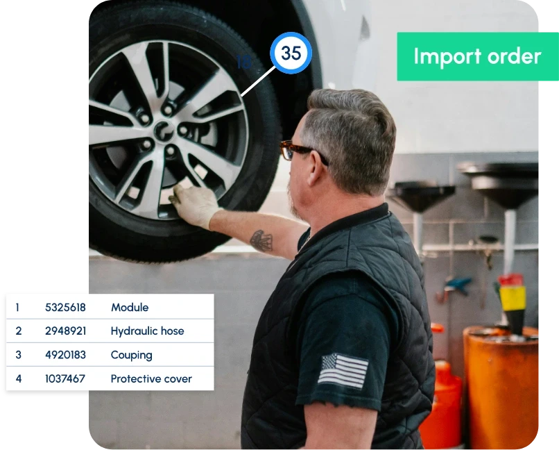 Mechanic inspecting vehicle wheel with parts list and import order feature on aftermarket platform