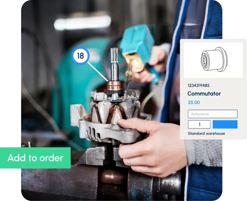 Technician identifying commutator part with price and add to order interface in aftermarket platform
