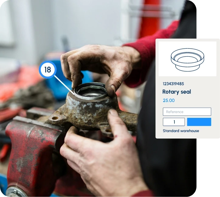 Technician identifying rotary seal component with pricing and add to order interface