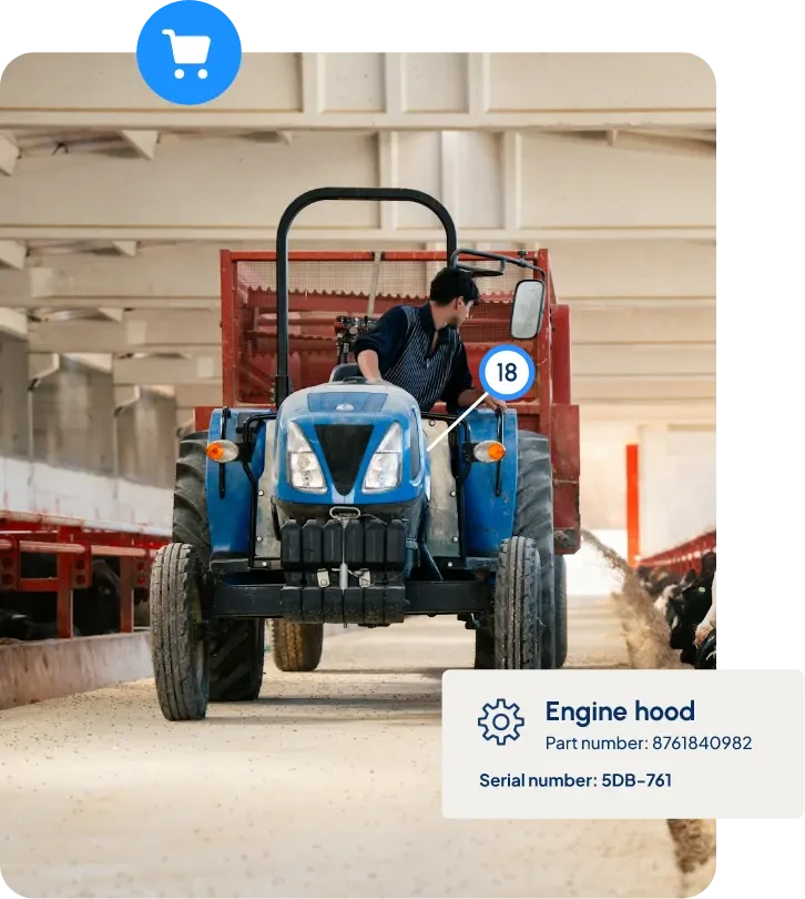 Tractor with engine hood part identification and serial number overlay in aftermarket parts platform
