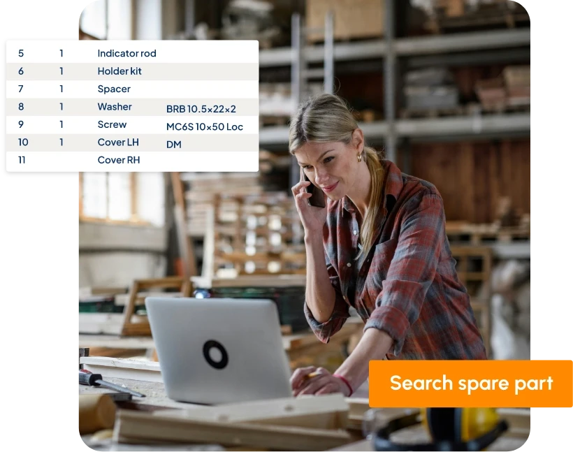 Warehouse professional searching spare parts inventory using laptop and phone