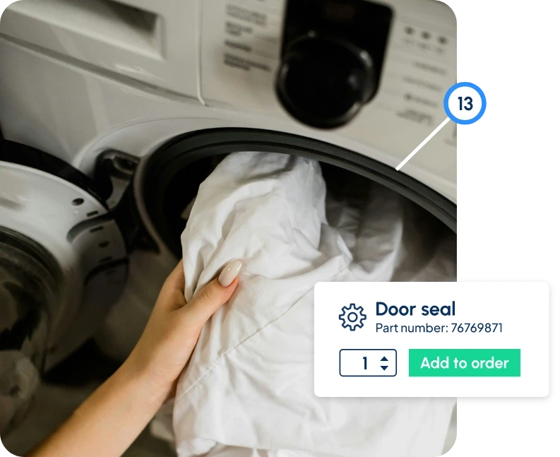 Washing machine door seal replacement with part number and add to order interface